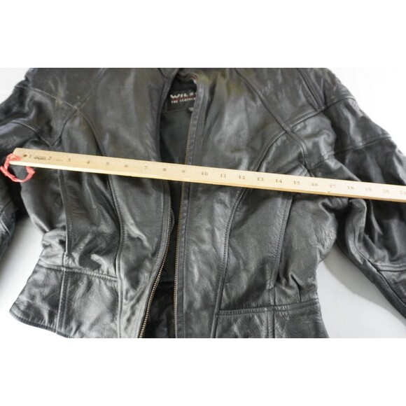 VTG WILSONS 3M THINSULATE Lined Women Small Glossy Black Leather Zip Moto Jacket - Picture 3 of 8